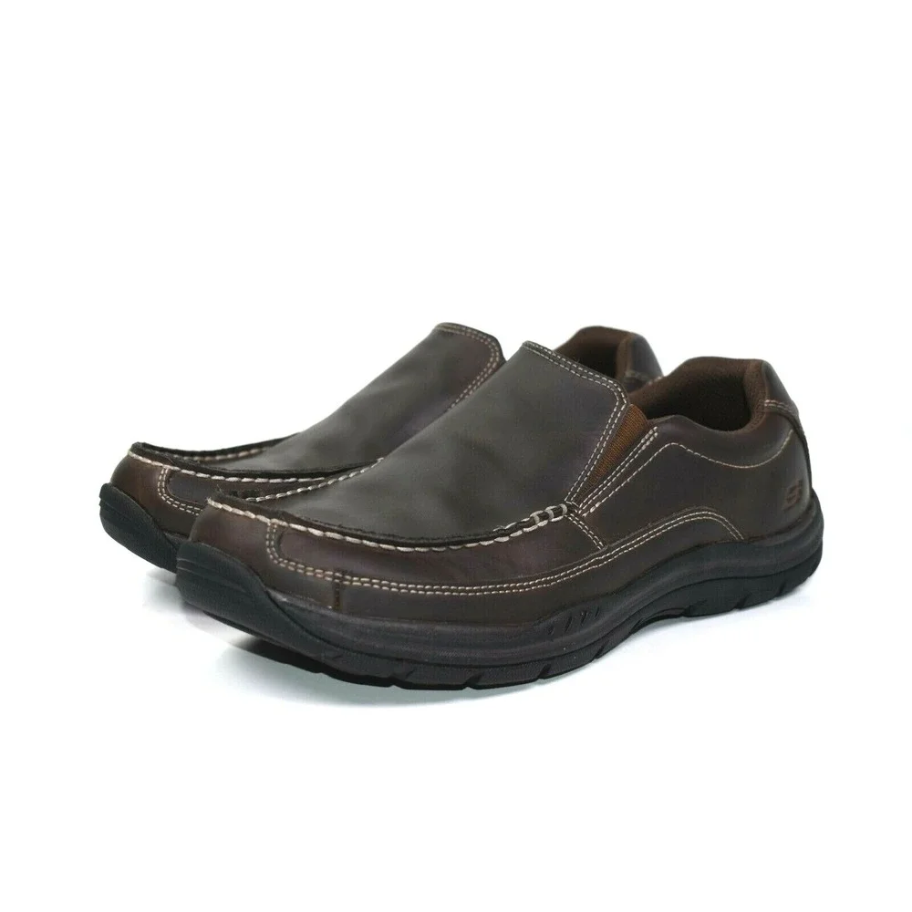 Skechers Mens Memory‎ Relaxed Fit Brown Leather Casual Loafers Size 8 - 64348